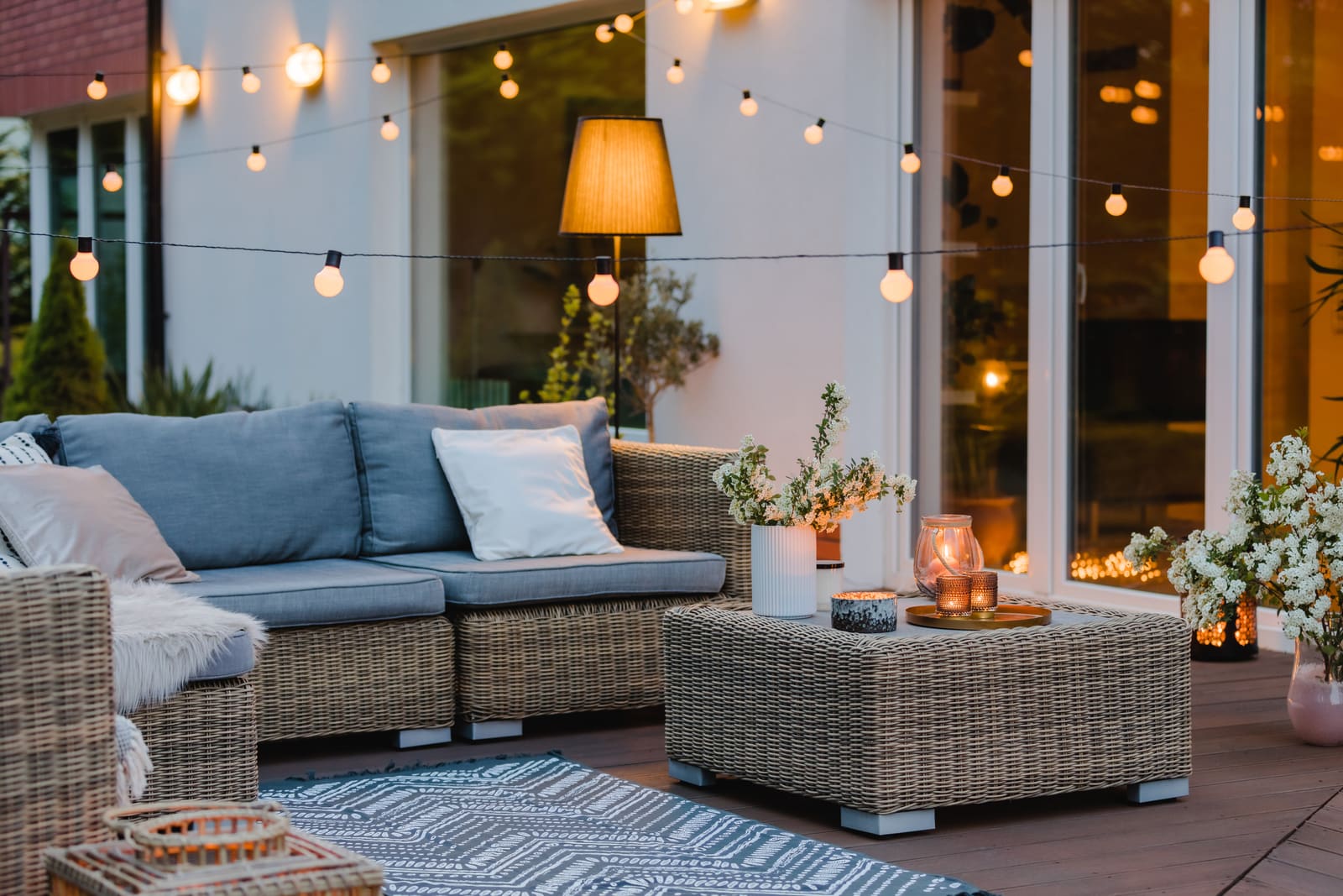 Ambient outdoor seating area with string lights